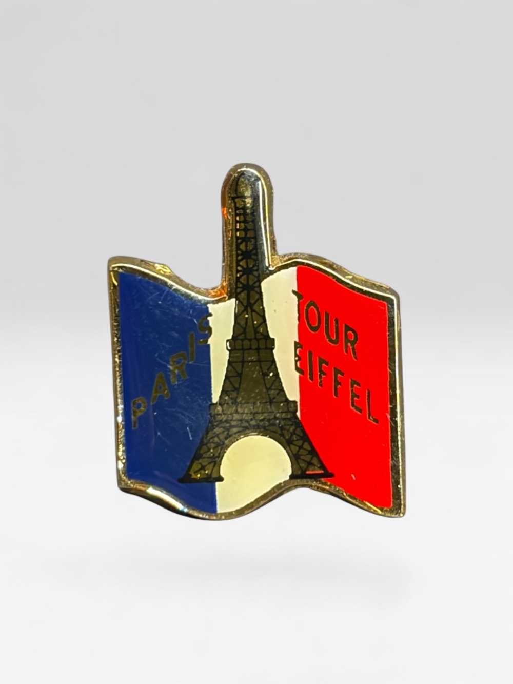 Paris Tour Eiffel Tower Enamel Lapel Pin French Flag Gold Tone Souvenir